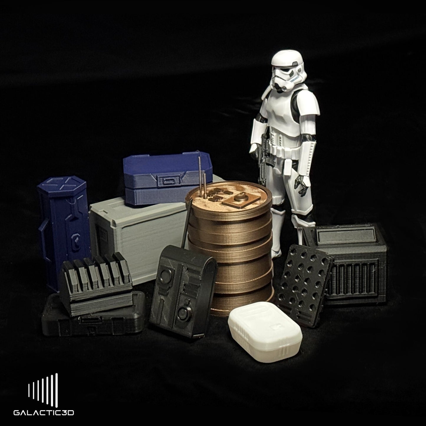 3D printed Yavin crates, barrels, case and engine for Black series