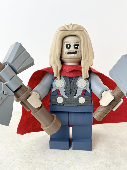 9" Lego inspired Deluxe Thor Figure with Cape and 2 weapons