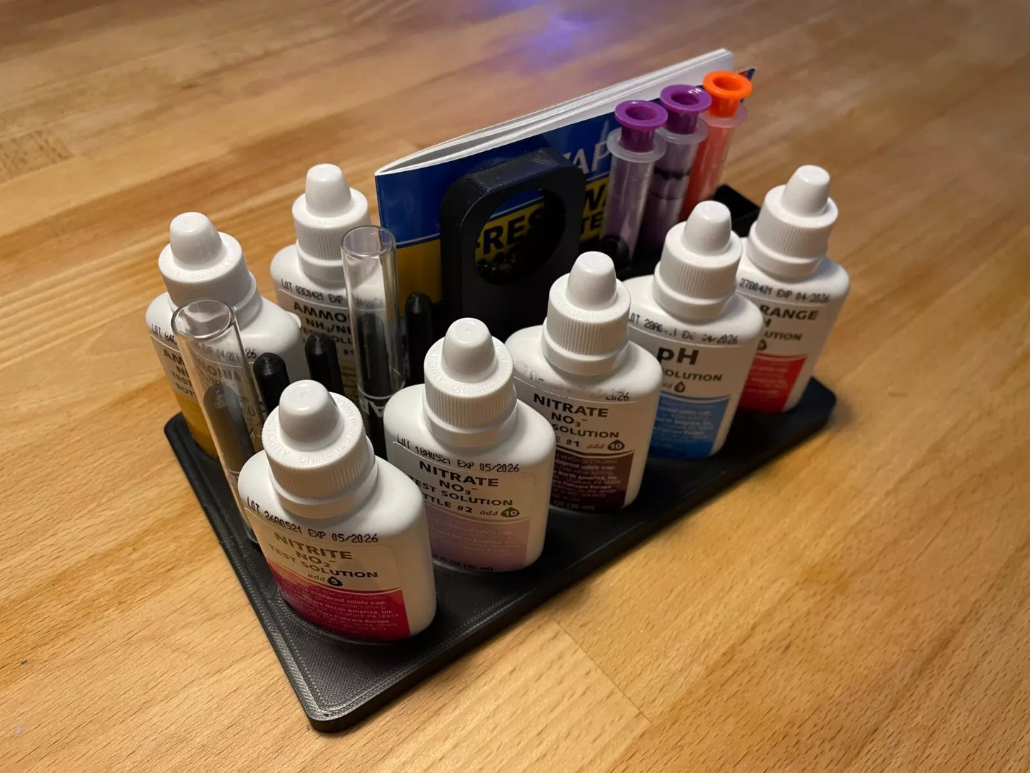 API test kit holder, carry system and dry rack for marine or tropical aquarium