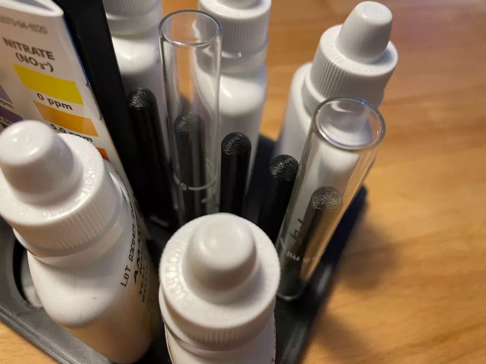 API test kit holder, carry system and dry rack for marine or tropical aquarium